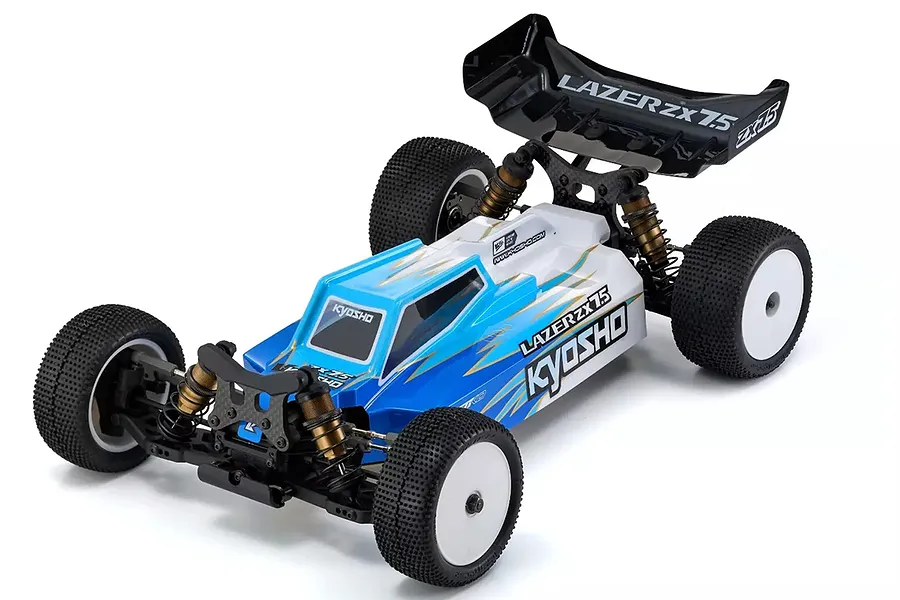 Kyosho Lazer ZX7.5 1/10 scale 4WD electric RC buggy with blue and white body shell, black rear wing, and off-road tires on a white background.