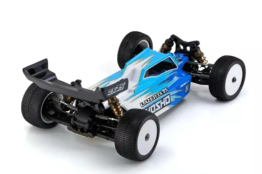 A studio shot of a Kyosho Lazer ZX7.5 1/10 scale 4WD RC buggy, featuring a blue and white painted body shell and black off-road tires.