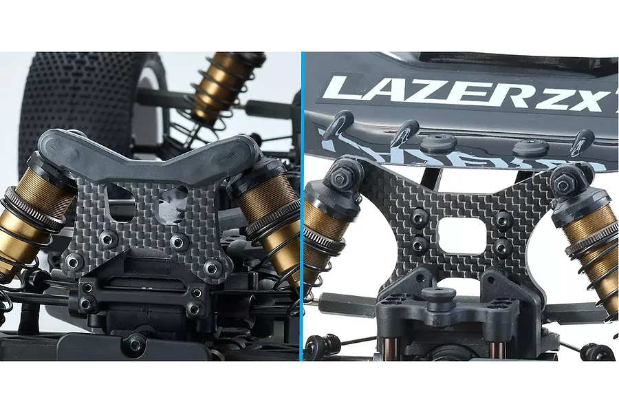 Close-up split view of the front and rear carbon fiber shock towers and gold-anodized shocks on a Kyosho Lazer ZX RC buggy.