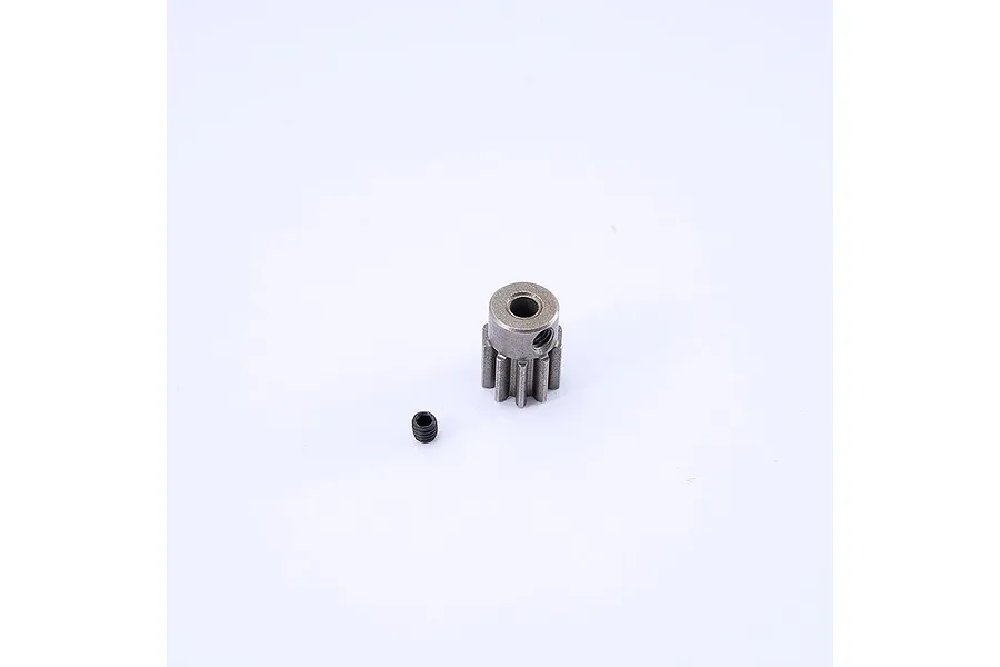 A metallic 10-tooth pinion gear and a small black grub screw isolated on a white background.
