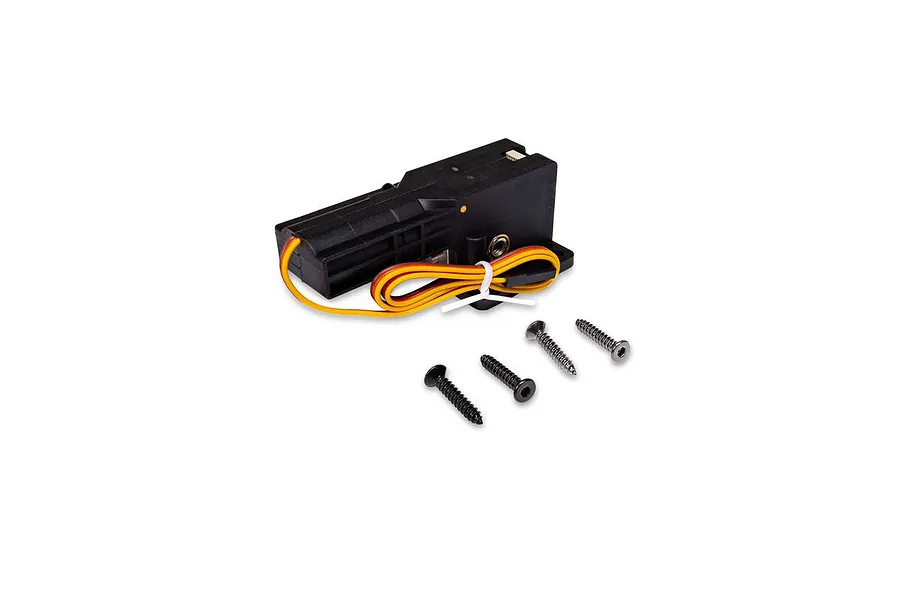 E-Flite 90-degree electric retracting unit with attached wiring and four mounting screws on a white background.