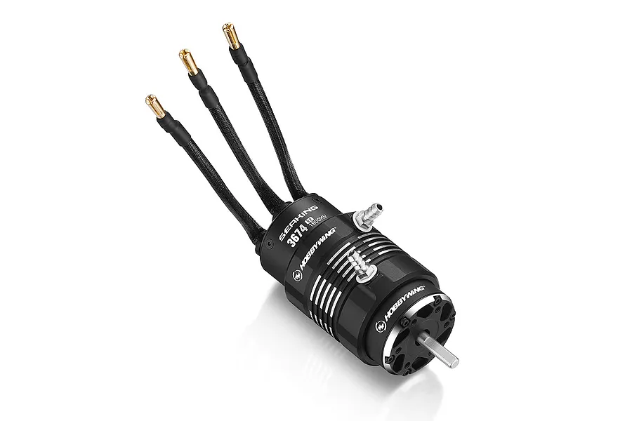 Hobbywing Seaking V2 3674SL 1900Kv brushless motor for RC boats with water cooling jacket and three bullet connectors.