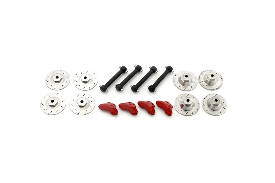 Kyosho RC spare parts set including four black dogbone driveshafts, four red brake calipers, and four silver drilled brake disc rotors.