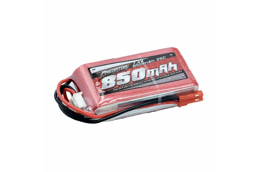 FMS Predator 7.4V 850mAh 25C LiPo battery with red soft casing, black and red wires, and JST-XH balance and discharge connectors.
