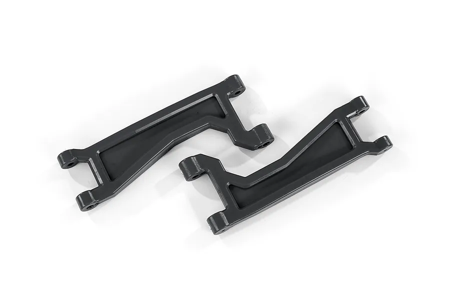Two black Traxxas WideMaxx upper suspension arms for RC vehicles, shown from an overhead angle on a white background.