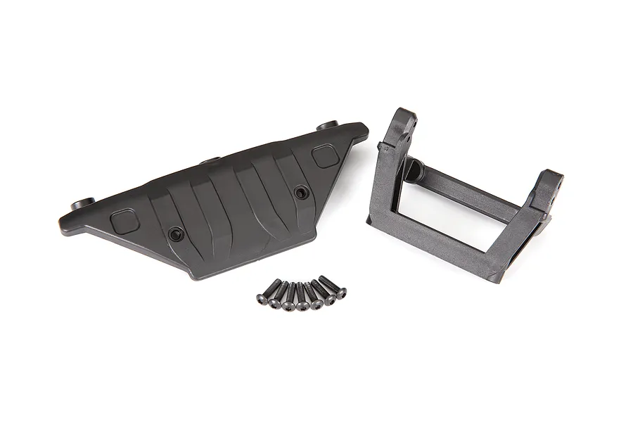 Traxxas front bumper mount and skid plate set for RC vehicles, including two black plastic parts and a set of small metal screws on a white background.