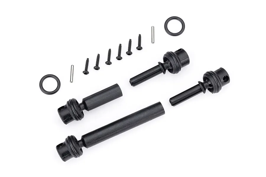 Traxxas centre CVD driveshaft kit including two shafts, two rubber O-rings, two metal pins, and six small black screws on a white background.