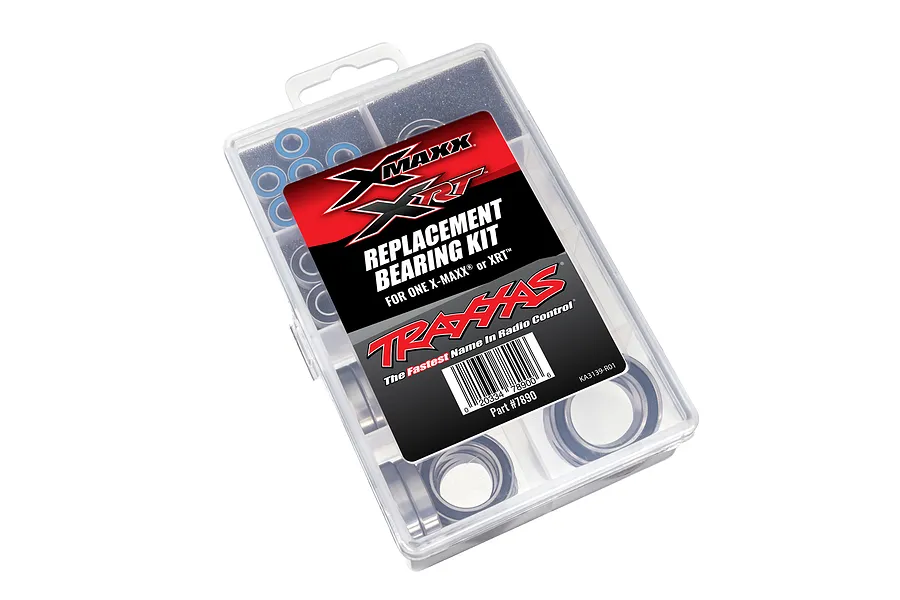 Traxxas replacement ball bearing kit for X-Maxx and XRT in a clear plastic storage case.