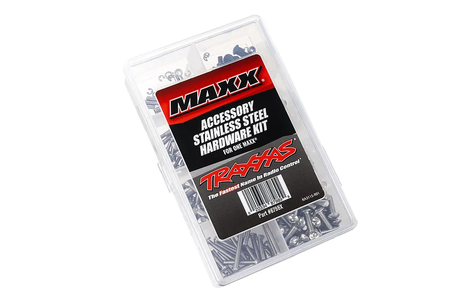 Traxxas Maxx stainless steel hardware kit in a clear plastic divided storage box, showing various screws and fasteners.