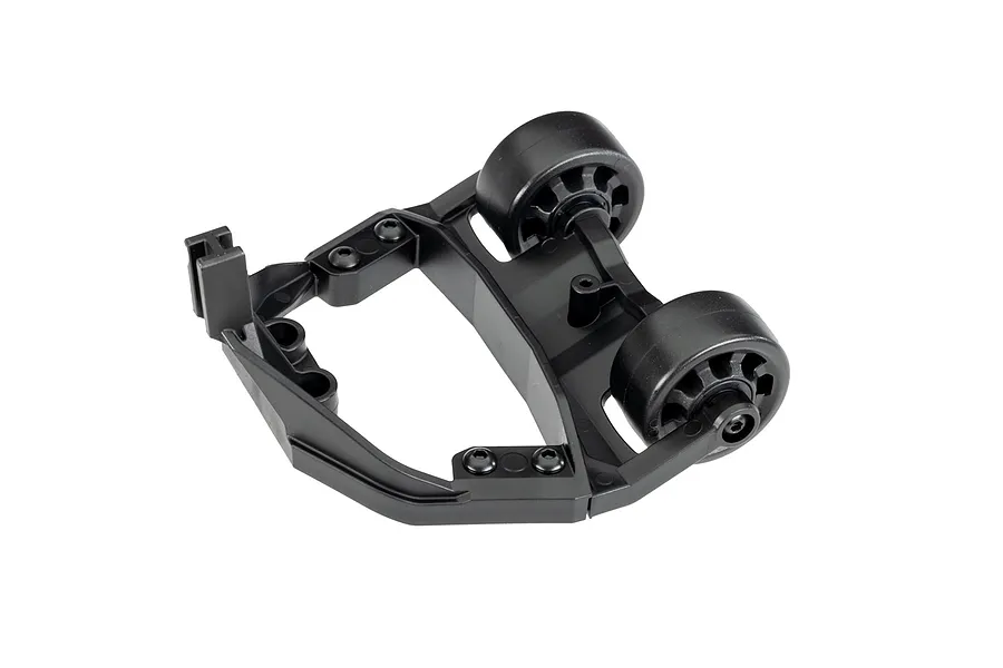 A black plastic Traxxas wheelie bar assembly with two wheels, shown from a high-angle perspective against a white background.