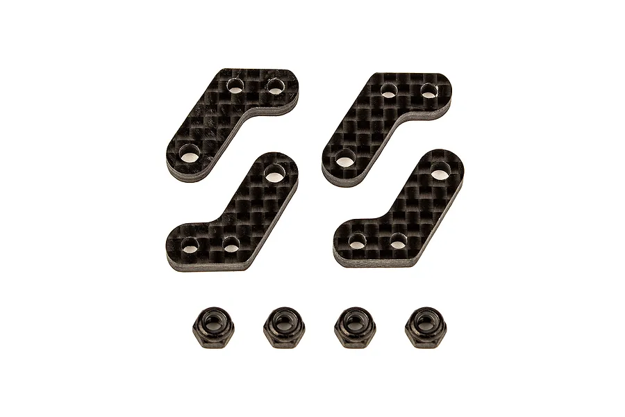 Four carbon fibre steering arms and four black lock nuts arranged on a white background.
