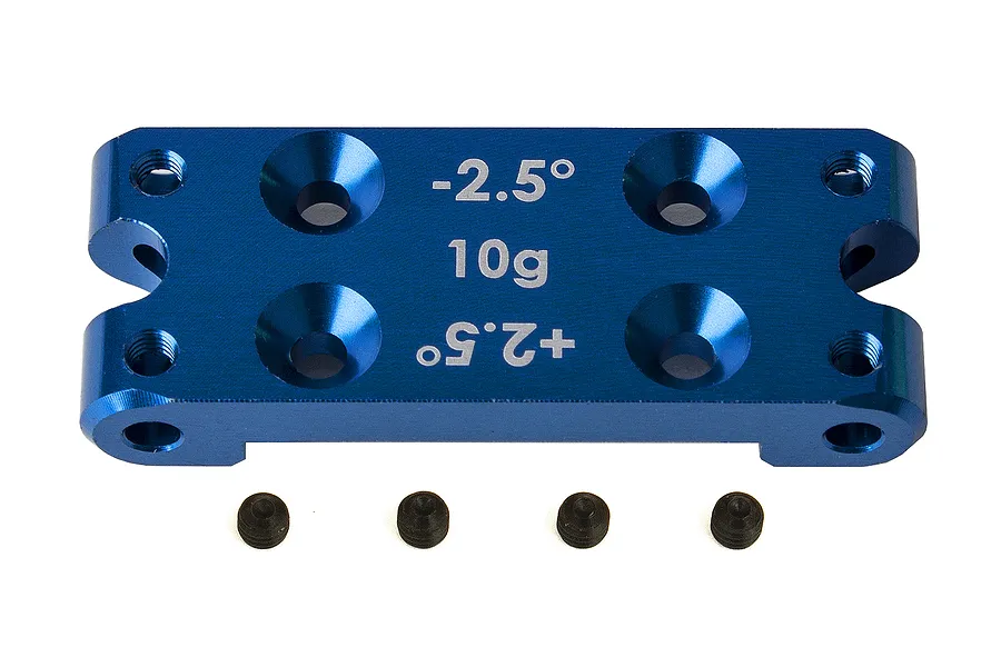 A blue anodized aluminium RC bulkhead with 10g weight and angle markings, accompanied by four small black grub screws.