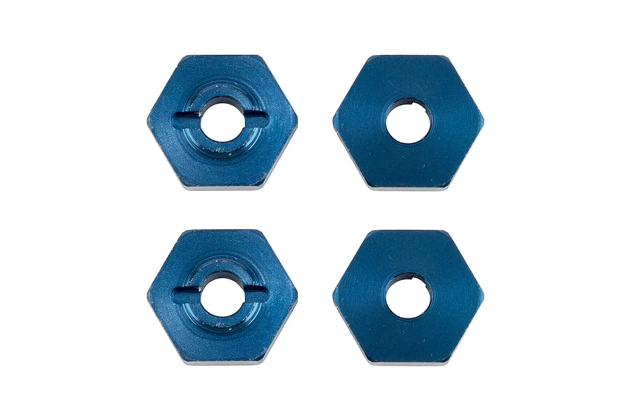 Four blue anodized aluminium 12mm RC wheel hex adapters arranged in a 2x2 grid on a white background.