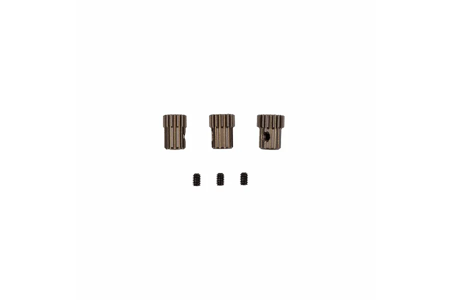 Three bronze-coloured metal pinion gears and three small black grub screws arranged on a white background.