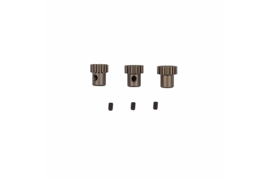 Three bronze-coloured metal pinion gears and three small grub screws arranged on a white background.