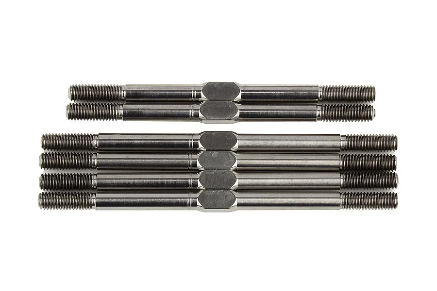 A set of six silver-coloured metal turnbuckles arranged in two rows against a white background.