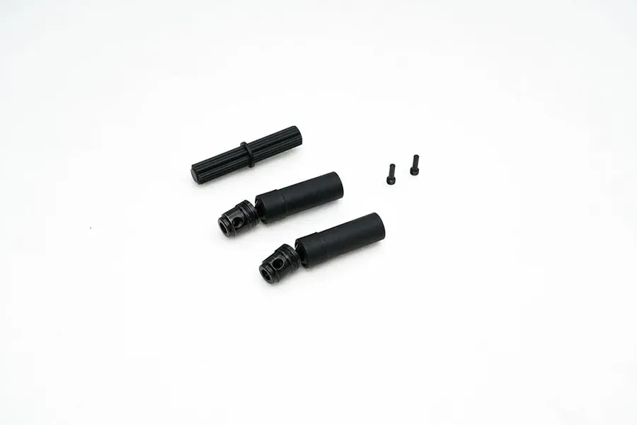 FMS CVD transmission driveshaft set including two black metal driveshafts, a splined shaft, and two small screws on a white background.