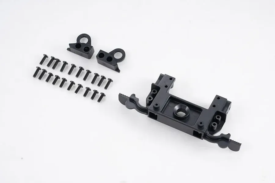 FMS RC body mount set including a main plastic mount, two small brackets, and a collection of black screws on a white background.