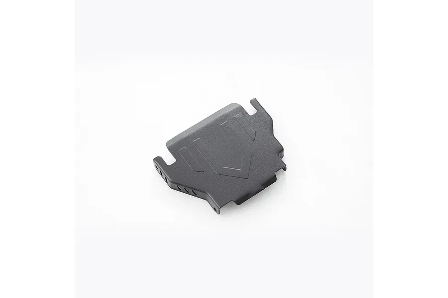 A black metal FMS V2 gearbox skid plate for RC vehicles, shown from a top-down angle against a white background.