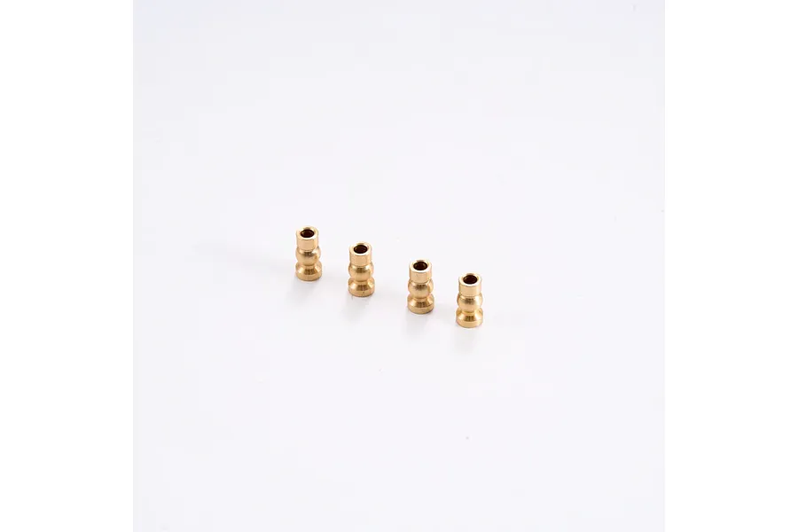 Four small brass-coloured metal pivot balls arranged in a row against a plain white background.
