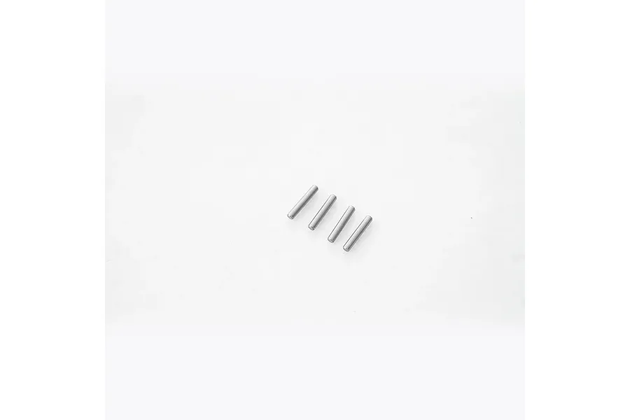 Four small silver metal axle pins arranged in a diagonal row against a plain white background.