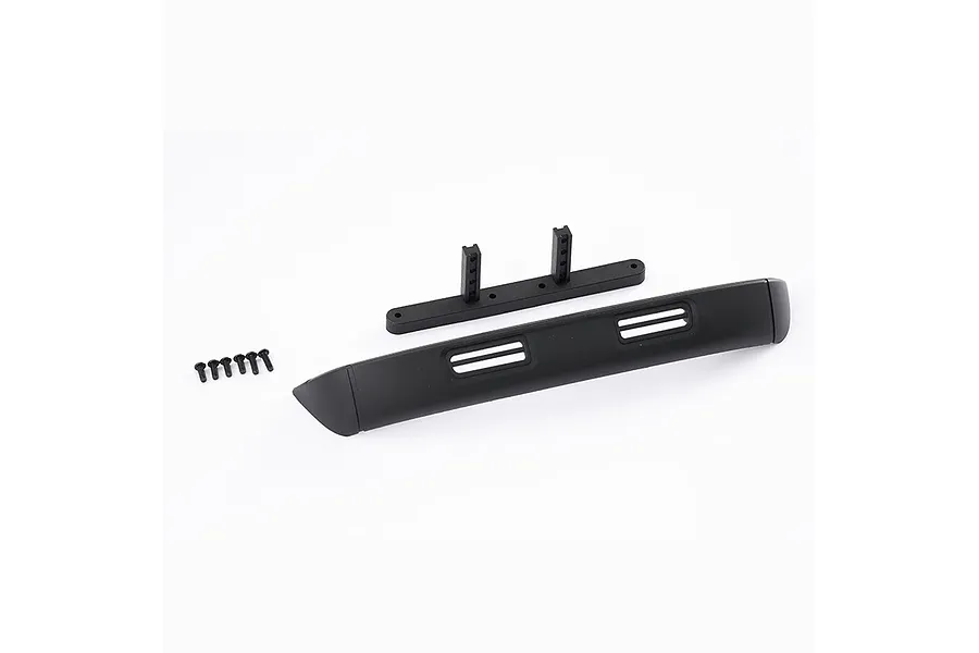 A black RC front bumper set including a bumper, mounting bracket, and six small screws on a white background.