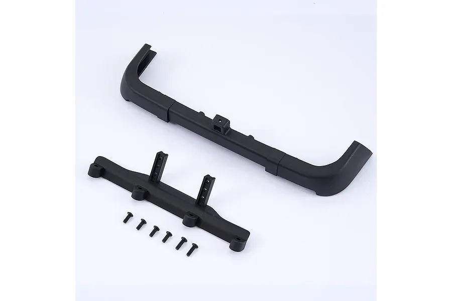 FMS rear bumper set including a curved bumper, a mounting bracket, and six small black screws on a white background.