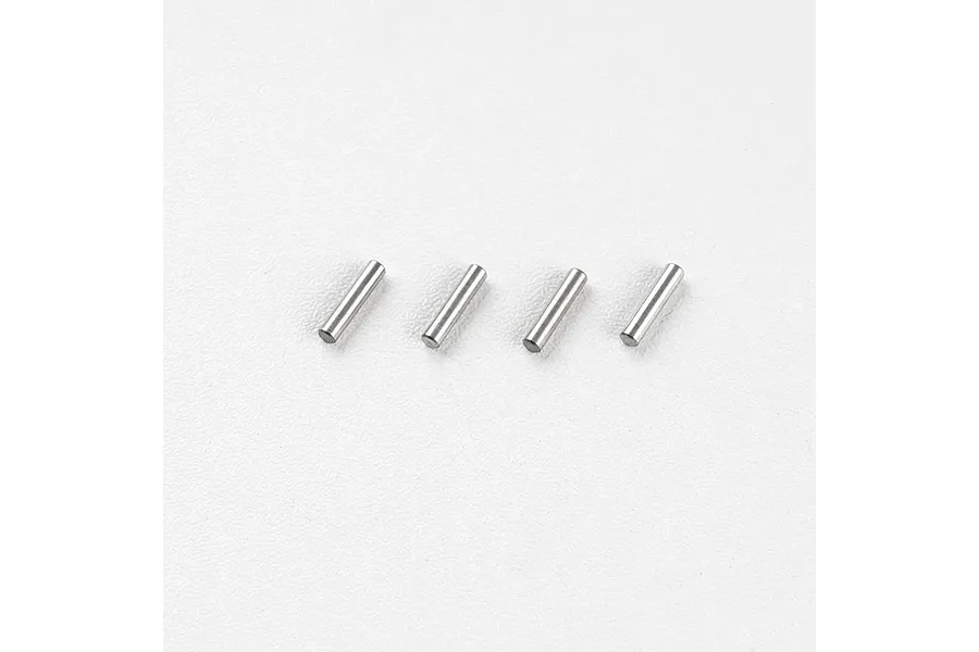 Four small silver metal axle pins arranged in a row on a white background.