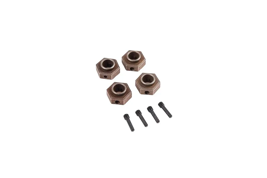Four bronze-colored 17mm RC wheel hex adapters and four small black set screws arranged on a white background.