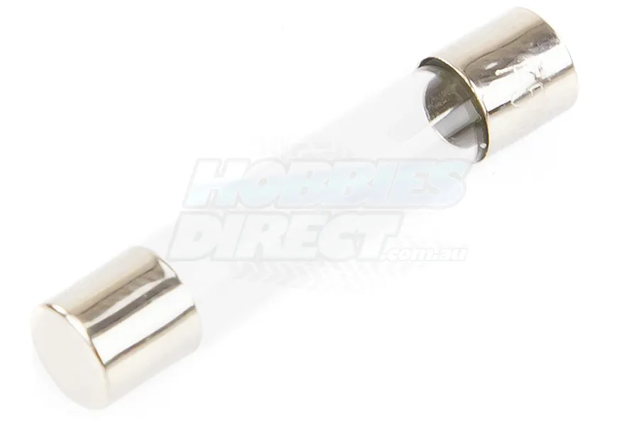 A clear glass cylindrical fuse with silver metal end caps, shown against a white background with a Hobbies Direct watermark.
