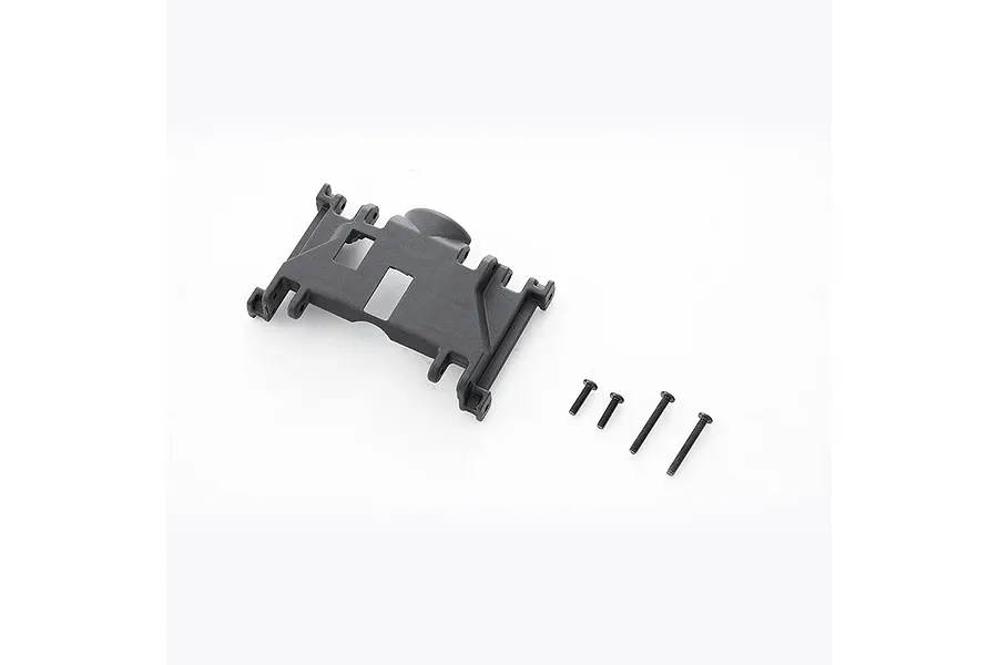 FMS V2 gearbox mount made of black plastic with four included mounting screws on a white background.