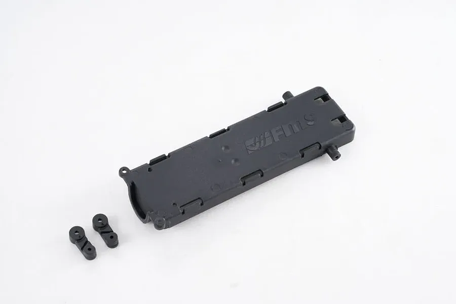 FMS battery box and two small mounting brackets made of black plastic on a white background.