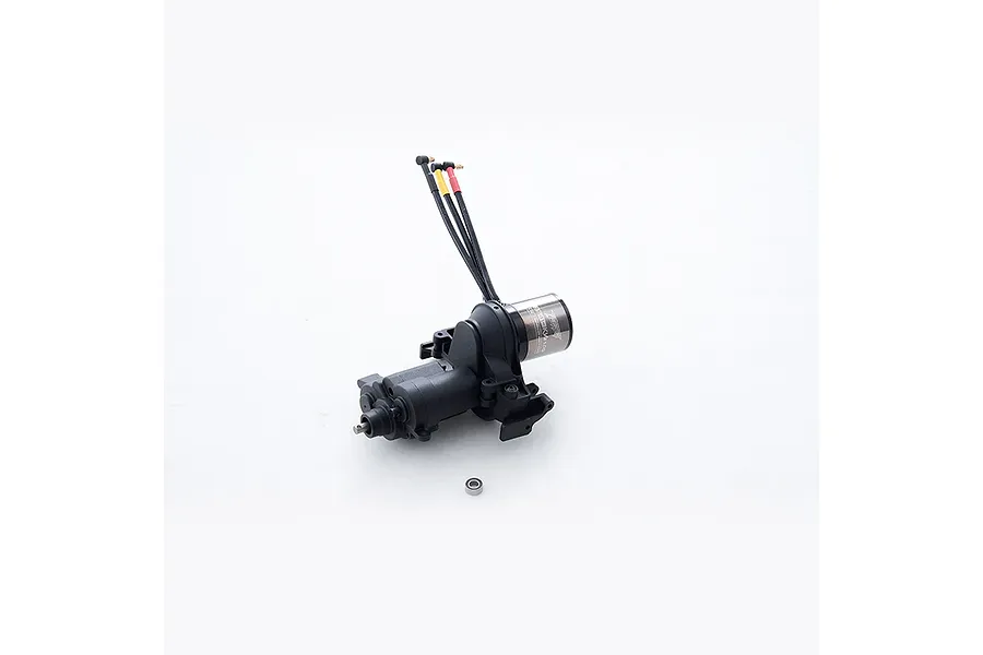 FMS V2 4WD gearbox assembly with attached electric motor and three colored wire leads, shown against a white background with a small bearing.