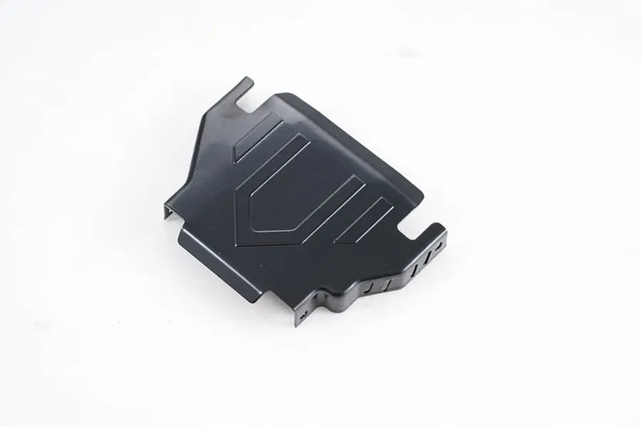 A black metal FMS V1 gearbox skid plate for RC vehicles, shown from an angled top-down perspective on a white background.
