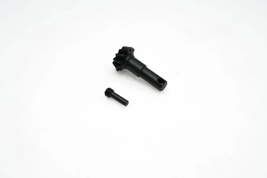 A black metal differential pinion gear and a small threaded grub screw on a white background.