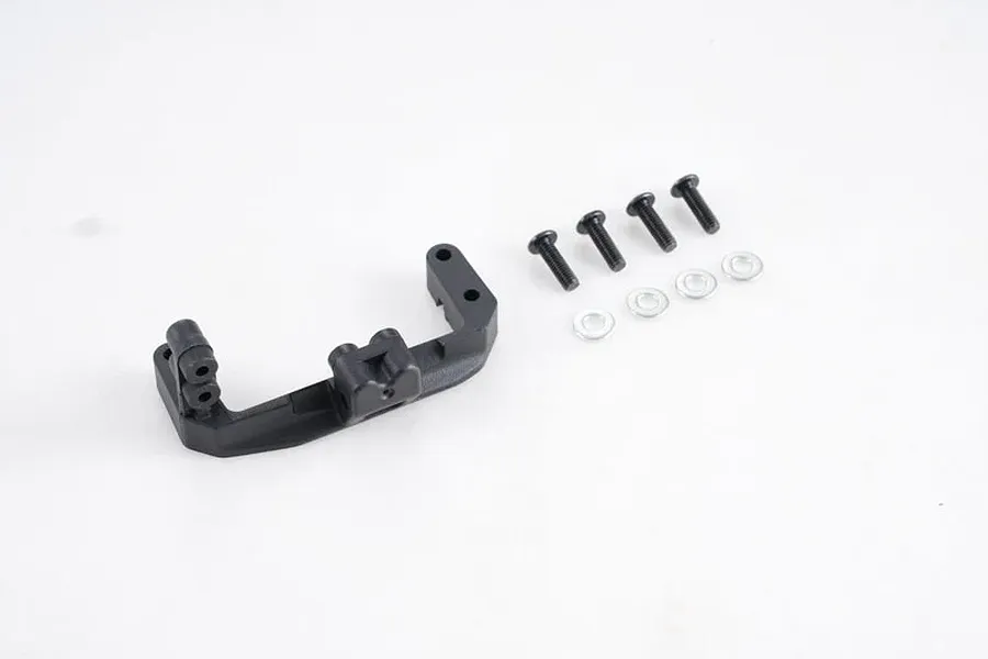 A black plastic servo mount for an RC vehicle, accompanied by four black screws and four metal washers on a white background.