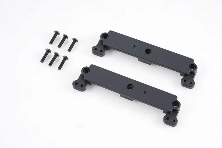 Two black plastic servo mount brackets and six small black metal screws for FMS FCX10 RC crawler.