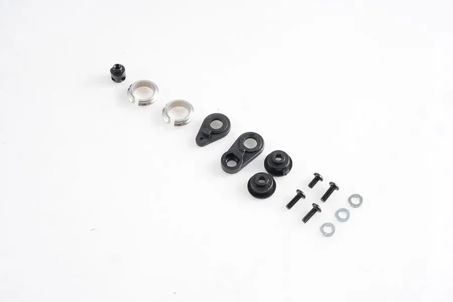 FMS V1 Servo Saver Set components including plastic arms, metal rings, screws, and washers laid out on a white background.