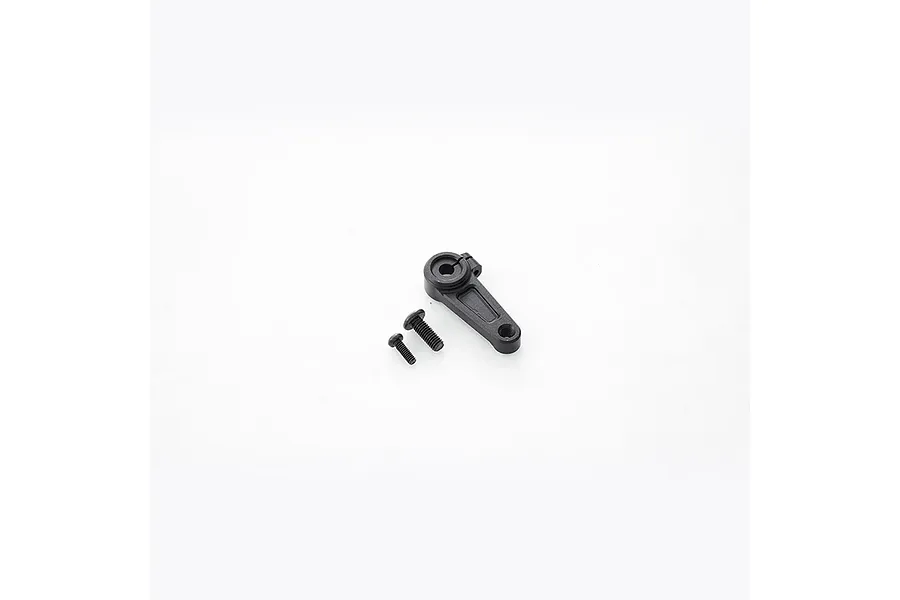 A black FMS V2 25T servo horn with two small black mounting screws on a plain white background.