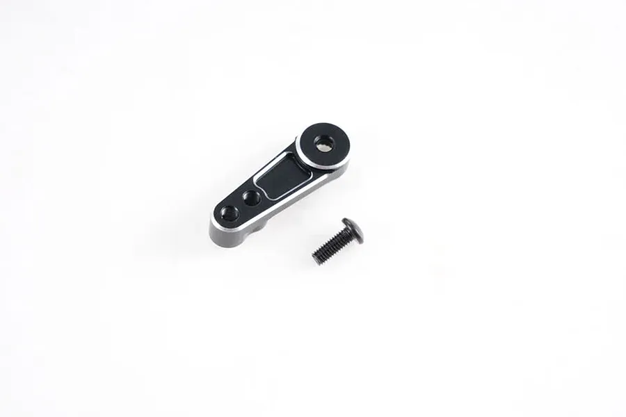 A black aluminium 25T servo horn with silver chamfered edges and a single mounting screw on a white background.