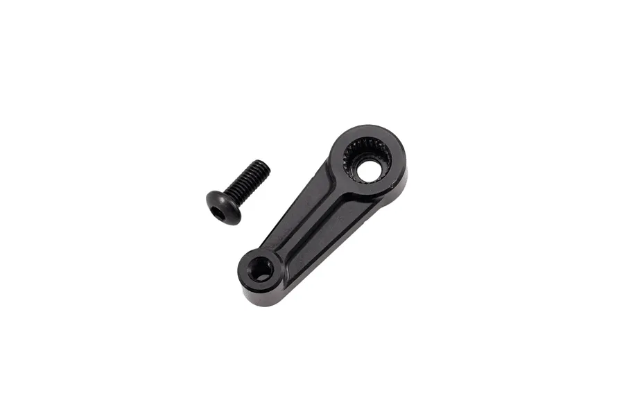 A black plastic single-arm servo horn with a metal screw, isolated on a white background.