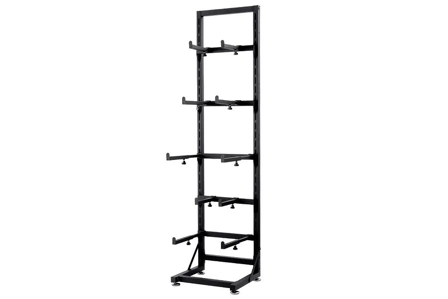 A tall, black metal RC car display rack with five adjustable tiers for storing multiple remote control vehicles.