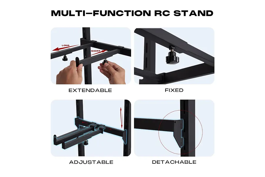 A four-panel instructional graphic showing the features of a black metal multi-function RC car stand, including extendable, fixed, adjustable, and detachable parts.