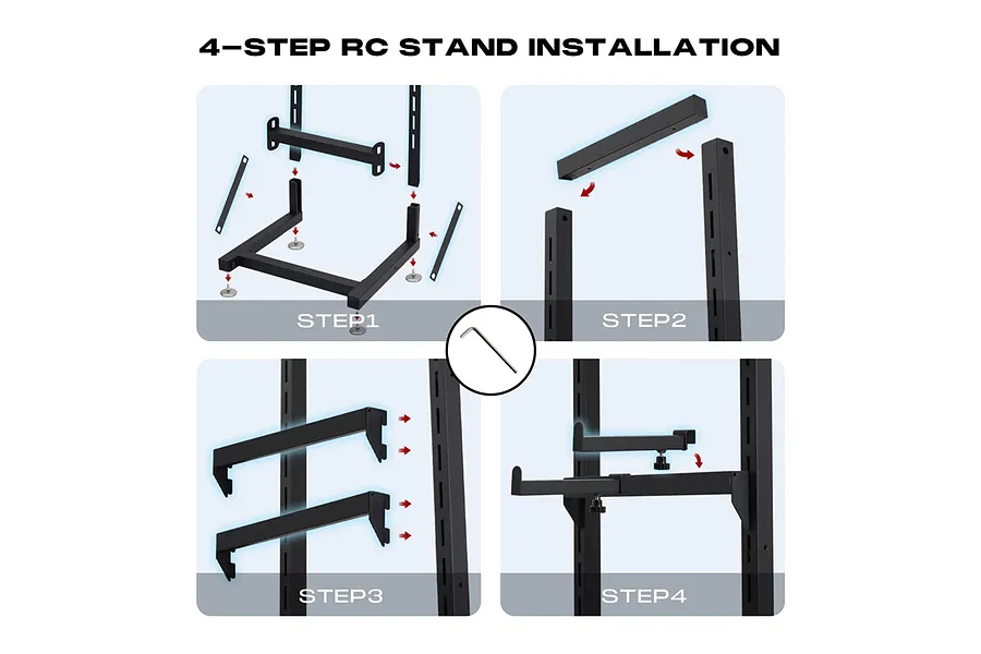 A four-step installation diagram for an FMS metal RC car rack, showing assembly of the base, vertical supports, and adjustable arms with an included hex key.