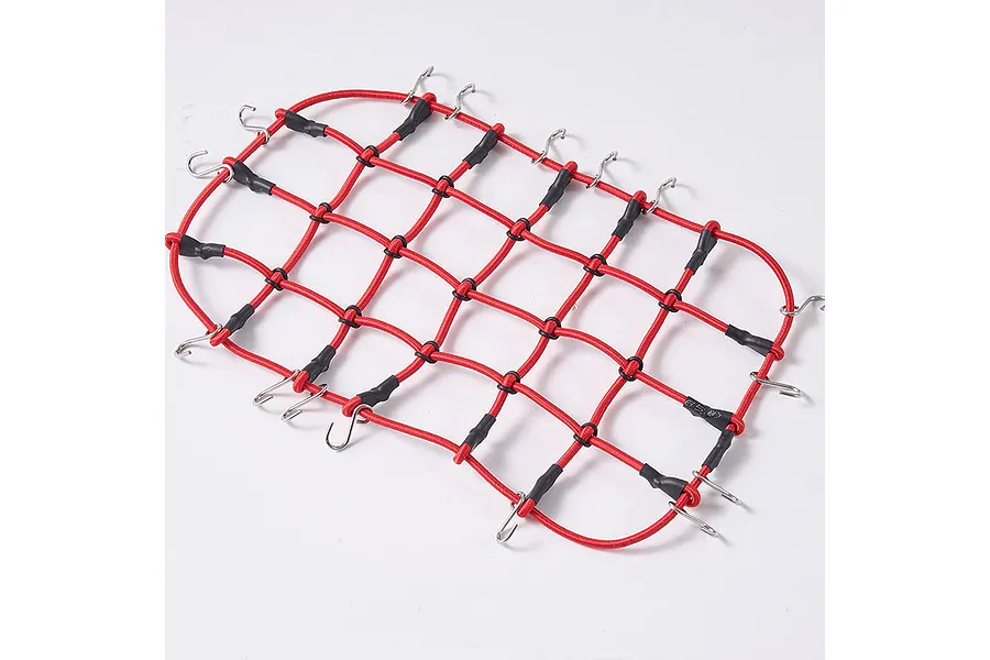 A red elastic cargo net with black connectors and metal hooks, designed for 1/10 scale RC vehicles, isolated on a white background.