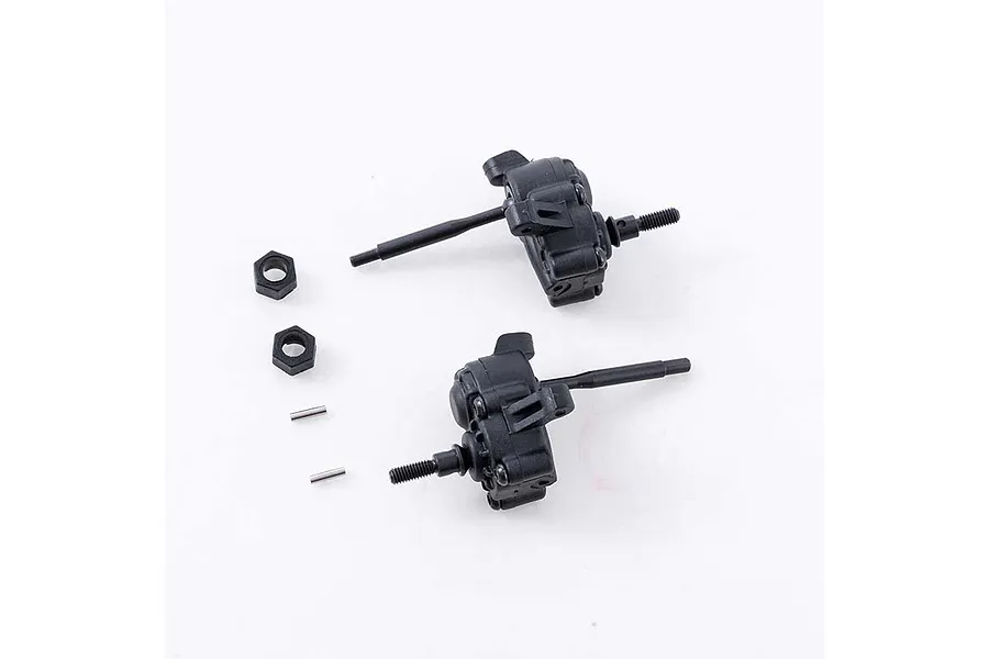 FMS V2 front portal assembly set including two portal housings, two wheel nuts, and two metal pins on a white background.