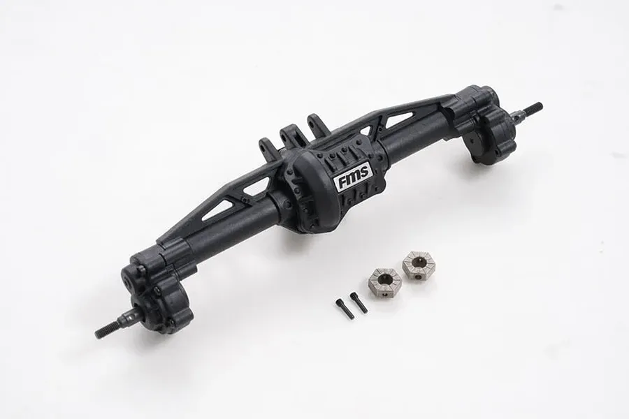 FMS rear axle assembly for 1:10 scale RC vehicles, featuring a black plastic housing with FMS branding, two metal wheel hexes, and two small screws.