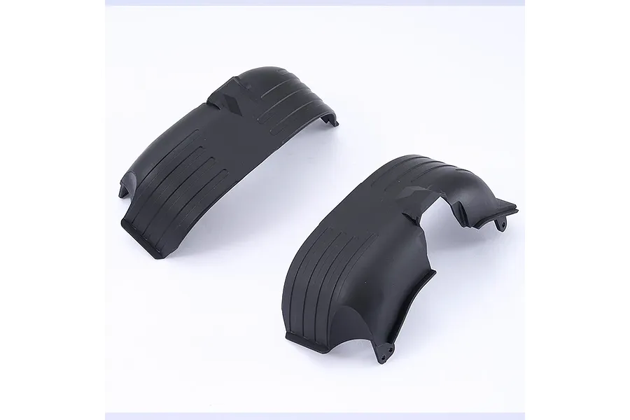 Two black plastic front fender liners for an RC vehicle, shown from a high-angle perspective against a white background.