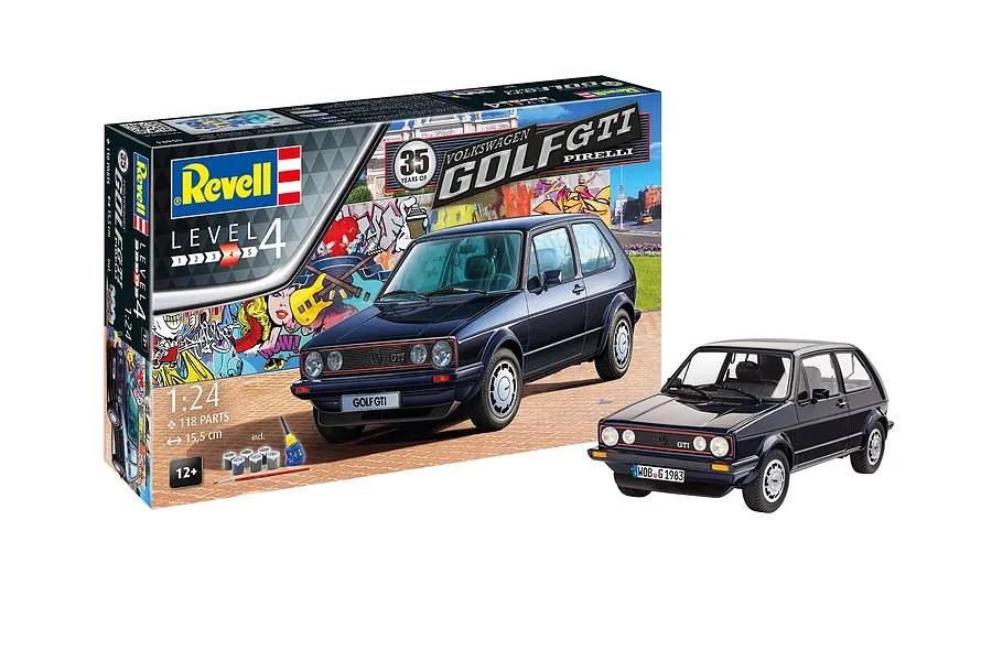 Revell 1/24 scale 1983 VW Golf GTI Pirelli 35th Anniversary model kit box and a fully assembled dark blue model car.