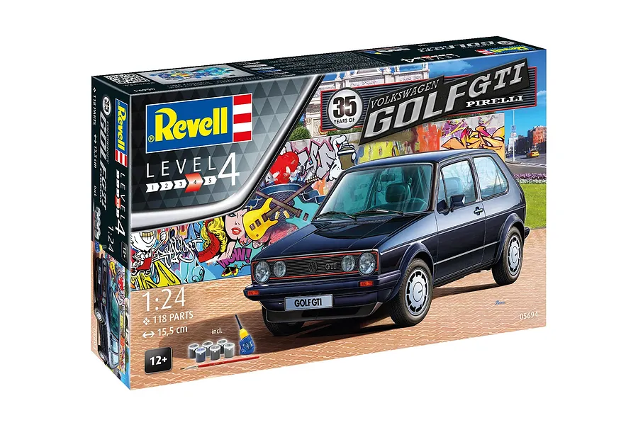 Revell 1/24 scale 1983 VW Golf GTI Pirelli 35th Anniversary plastic model kit box showing a dark blue model car against a graffiti wall background.